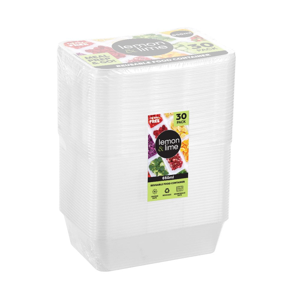 30 Pack Rectangle Reusable Food Container 650ml
