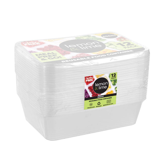 12 Pack Rectangle Reusable Food Container 650ML