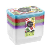 20 Pack Rectangle Reusable Food Container Coloured Lids 500ml