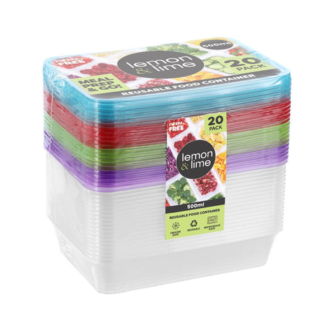 20 Pack Rectangle Reusable Food Container Coloured Lids 500ml