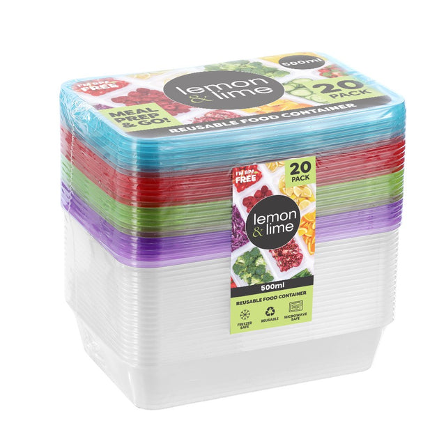 20 Pack Rectangle Reusable Food Container Coloured Lids 500ml