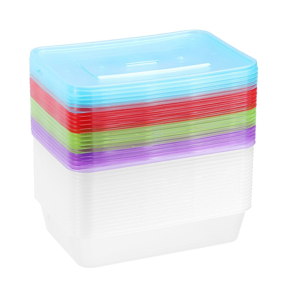 20 Pack Rectangle Reusable Food Container Coloured Lids 500ml