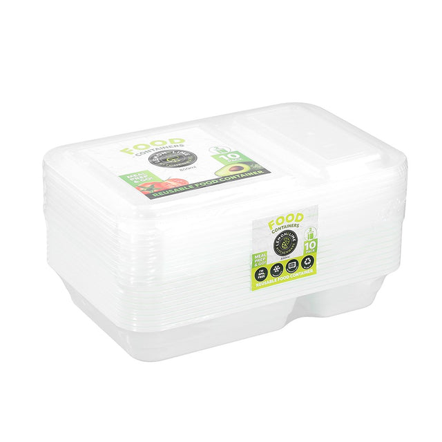 10 Pack 2 Section Reusable Food Prep Container 850ML