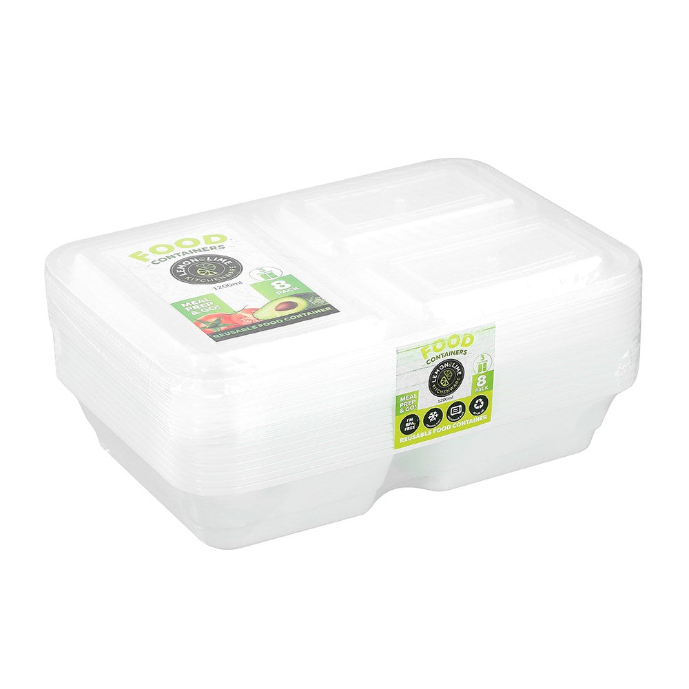 8 Pack 3 Section Reusable Food Prep Container 1200ML