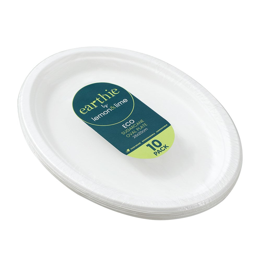 Eco Sugarcane Oval Plate White 26cm x 20cm 10 Pack