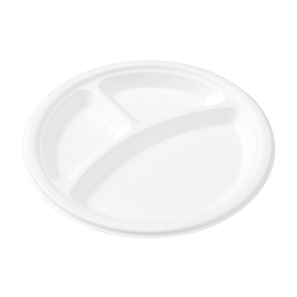 10 Pack Eco Sugarcane 3 Compartment Plate 26cm - White