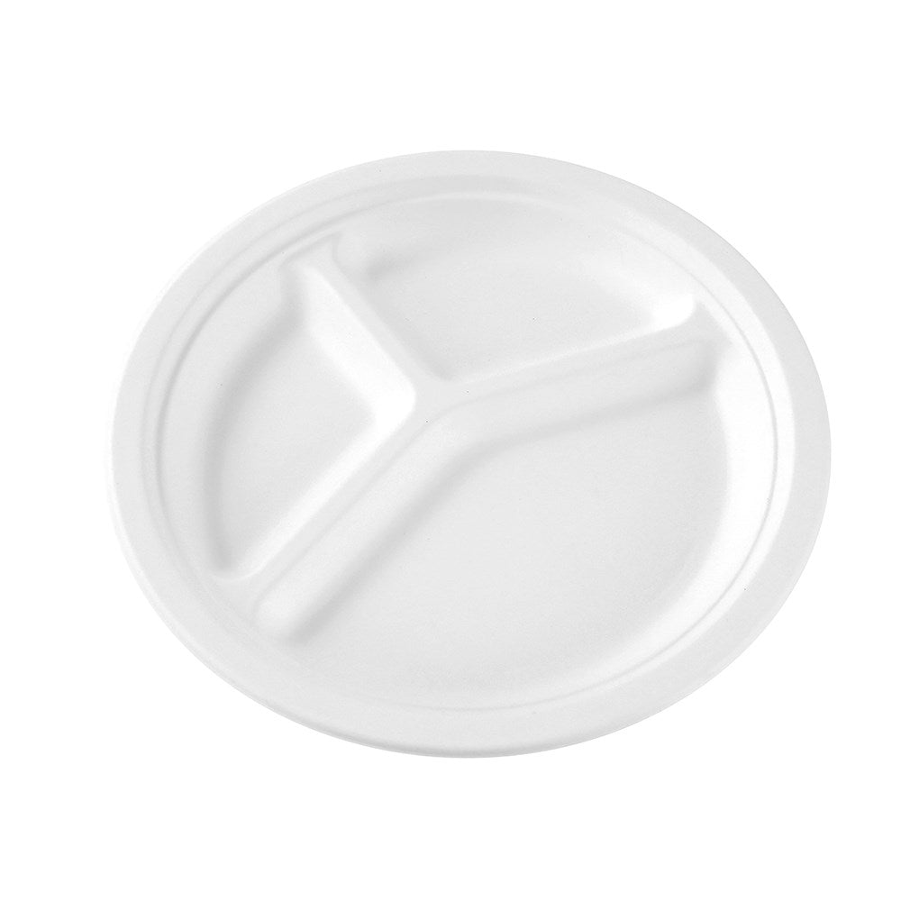 10 Pack Eco Sugarcane 3 Compartment Plate 26cm - White
