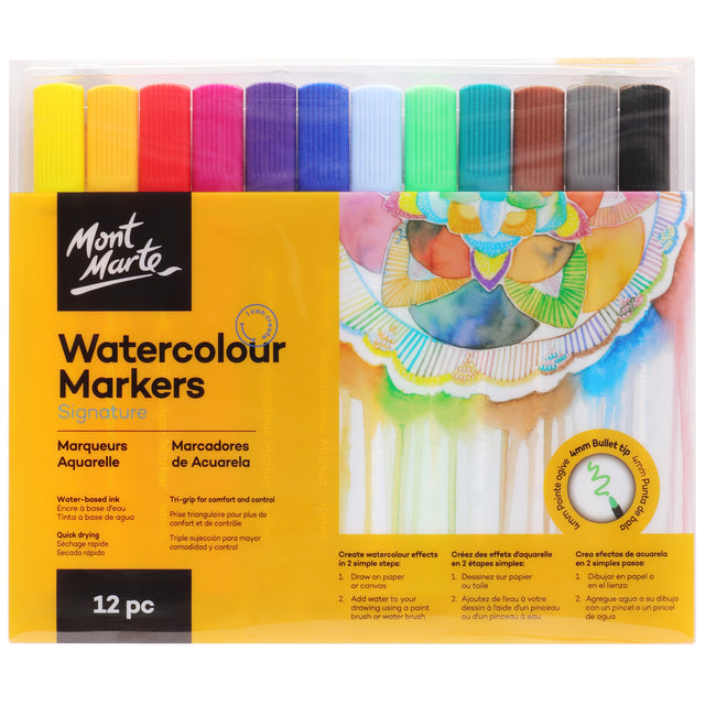 12 Pack Watercolour Marker Tri Grip - Assorted - Mont Marte
