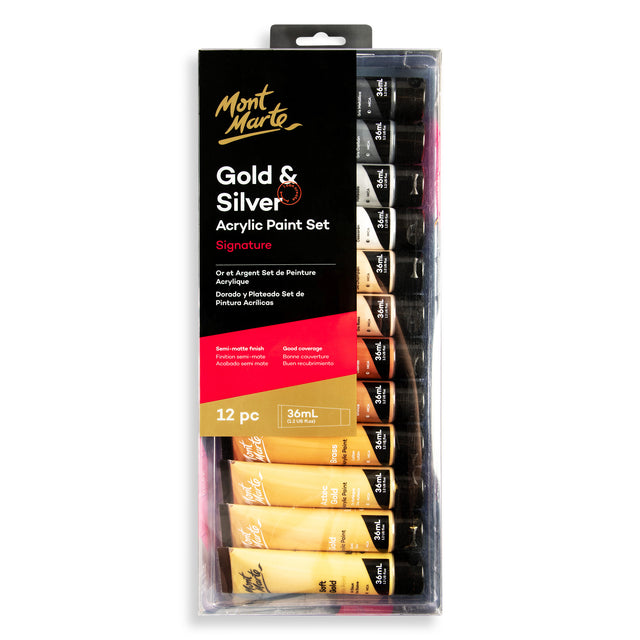 12 Pack Metallic Acrylic Paint Set 36ml - Gold and Silver - Mont Marte