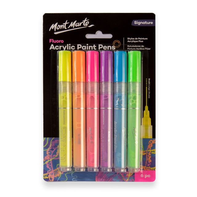 6 Pack Fluoro Acrylic Paint Pens - Broad Tip Assorted - Mont Marte