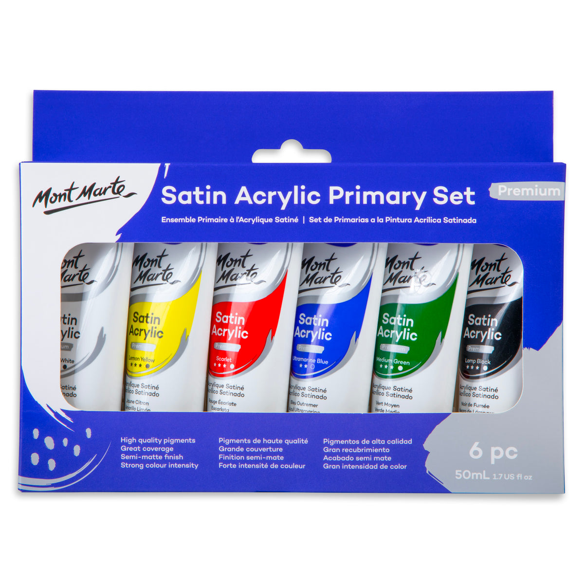 6 Pack Satin Acrylic Primary Paint Set - 50ml - Mont Marte
