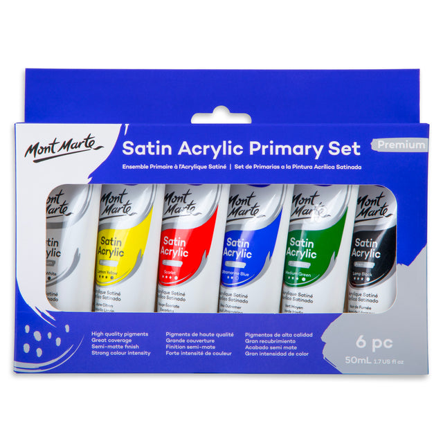 6 Pack Satin Acrylic Primary Paint Set - 50ml - Mont Marte