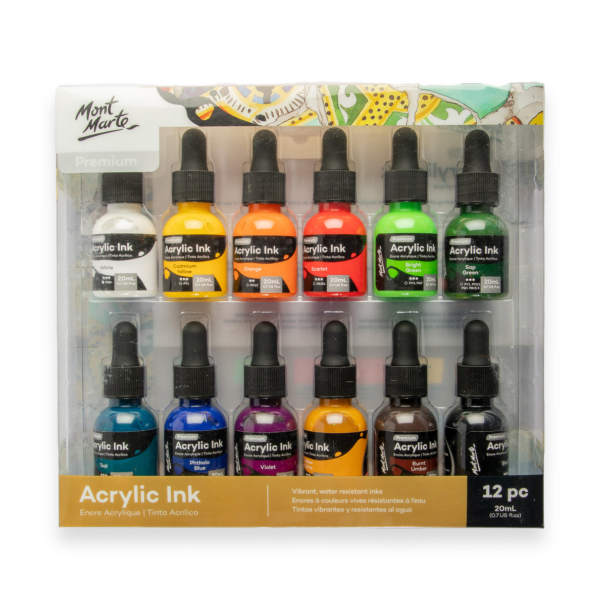 12 Pack Acrylic Ink Set 20ml - Assorted - Mont Marte