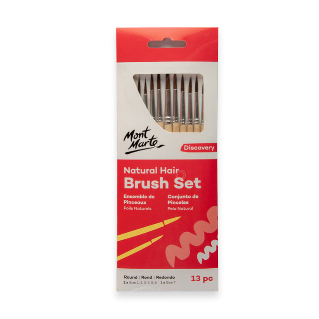 13 Piece Round Natural Hair Paint Brush Set - Sizes 1 to 7 - Mont Marte
