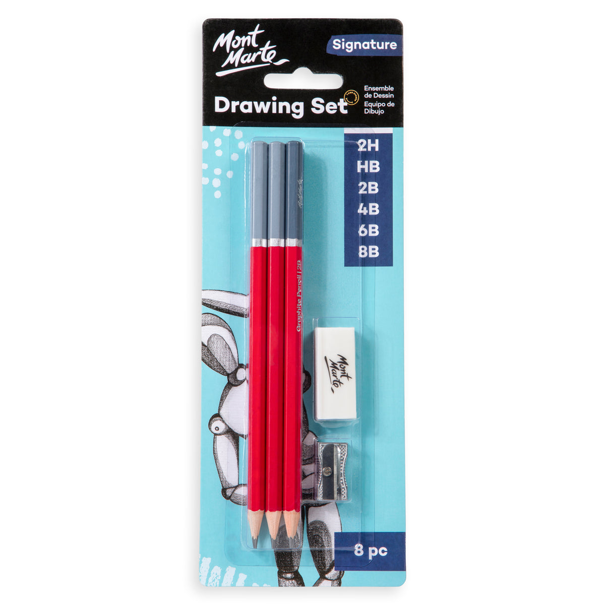8 Piece Graphite Drawing Set with Eraser and Sharpener - Mont Marte