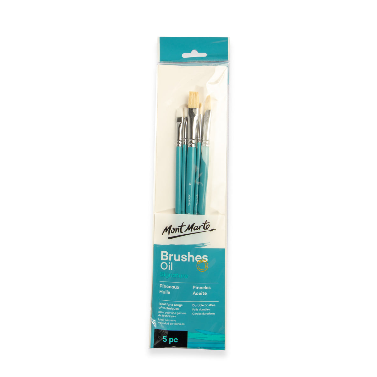 5 Piece Oil Brush Set with Blue Wooden Handles - Assorted - Mont Marte