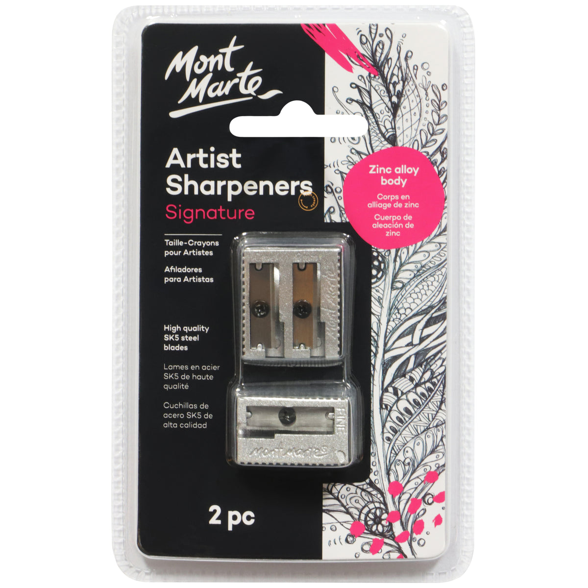 2 Pack Artist Pencil Sharpeners - Zinc Alloy with SK5 Steel Blades - Mont Marte
