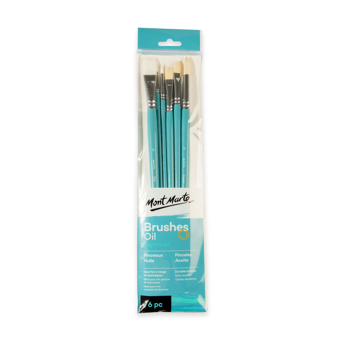 6 Piece Oil Paint Brush Set with Blue Wooden Handles - Assorted - Mont Marte