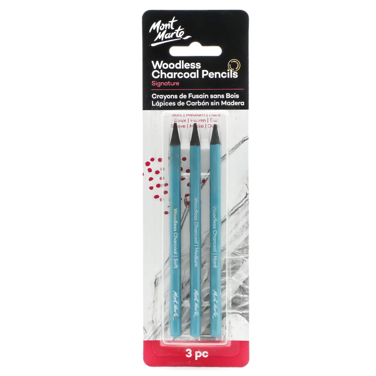 3 Pack Woodless Charcoal Pencils - Soft, Medium and Hard - Mont Marte