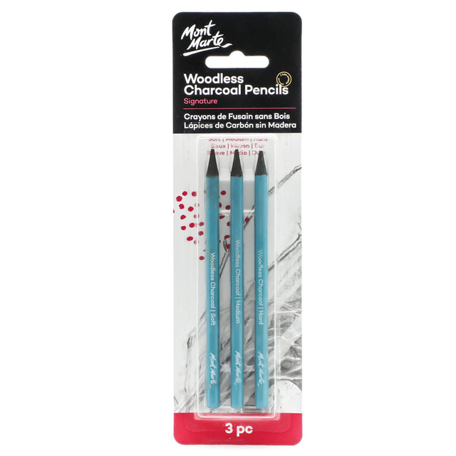 3 Pack Woodless Charcoal Pencils - Soft, Medium and Hard - Mont Marte