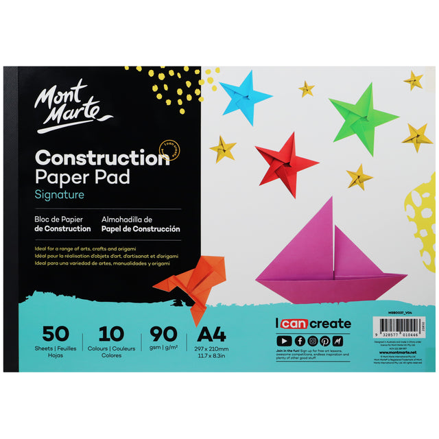 50 Sheet A4 Construction Paper Pad - 10 Assorted Colours - Mont Marte