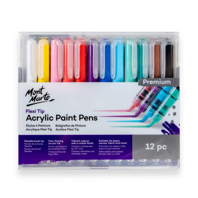 12 Pack Flexi Tip Acrylic Paint Pens - Assorted - Mont Marte