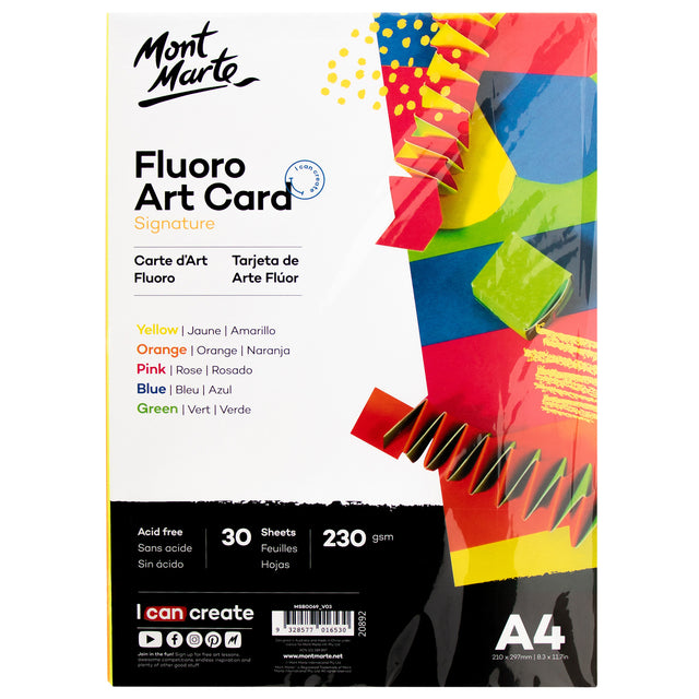 30 Pack Fluoro Art Card A4 230gsm - Assorted - Mont Marte