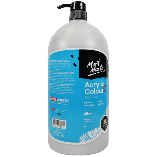 2L Acrylic Colour Paint Pump Bottle - Silver - Mont Marte