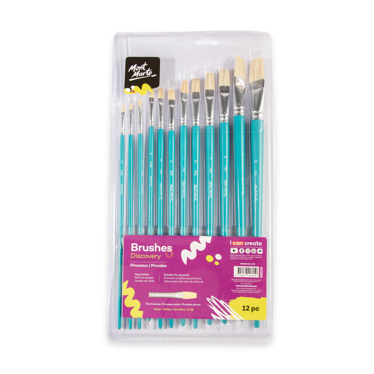 12 Pack Flat Hog Bristle Discovery Brushes - Sizes 1-12 - Mont Marte