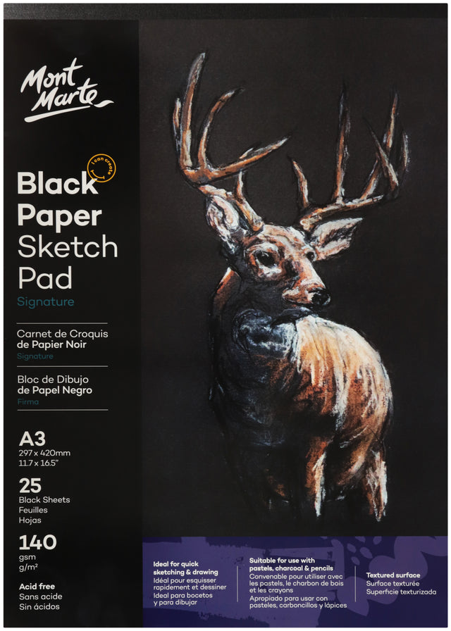 Mont Marte Signature Black Paper Sketch Pad 140gsm A3 25 Sheet - Mont Marte