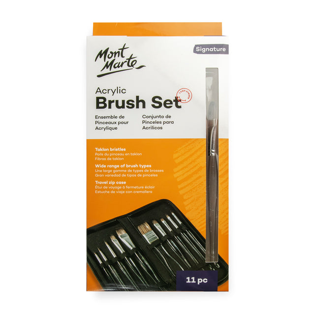 11 Piece Clear Handle Acrylic Paint Brush Set with Travel Case - Mont Marte