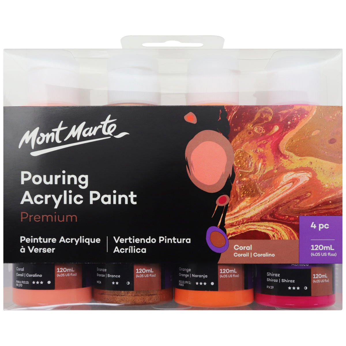 4 Pack Pouring Acrylic Paint 120ml - Coral - Mont Marte