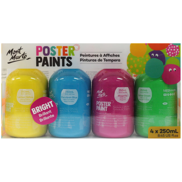 4 Pack Poster Paint 250ml - Bright Colours - Mont Marte