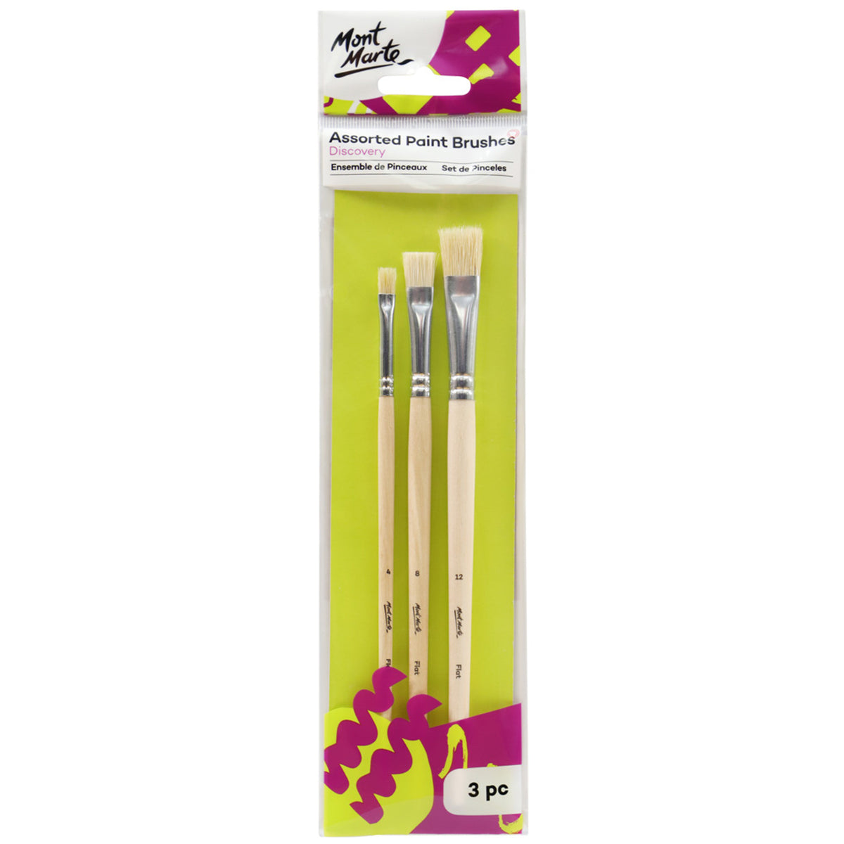 3 Pack Flat Paint Brushes - Assorted Sizes - Mont Marte