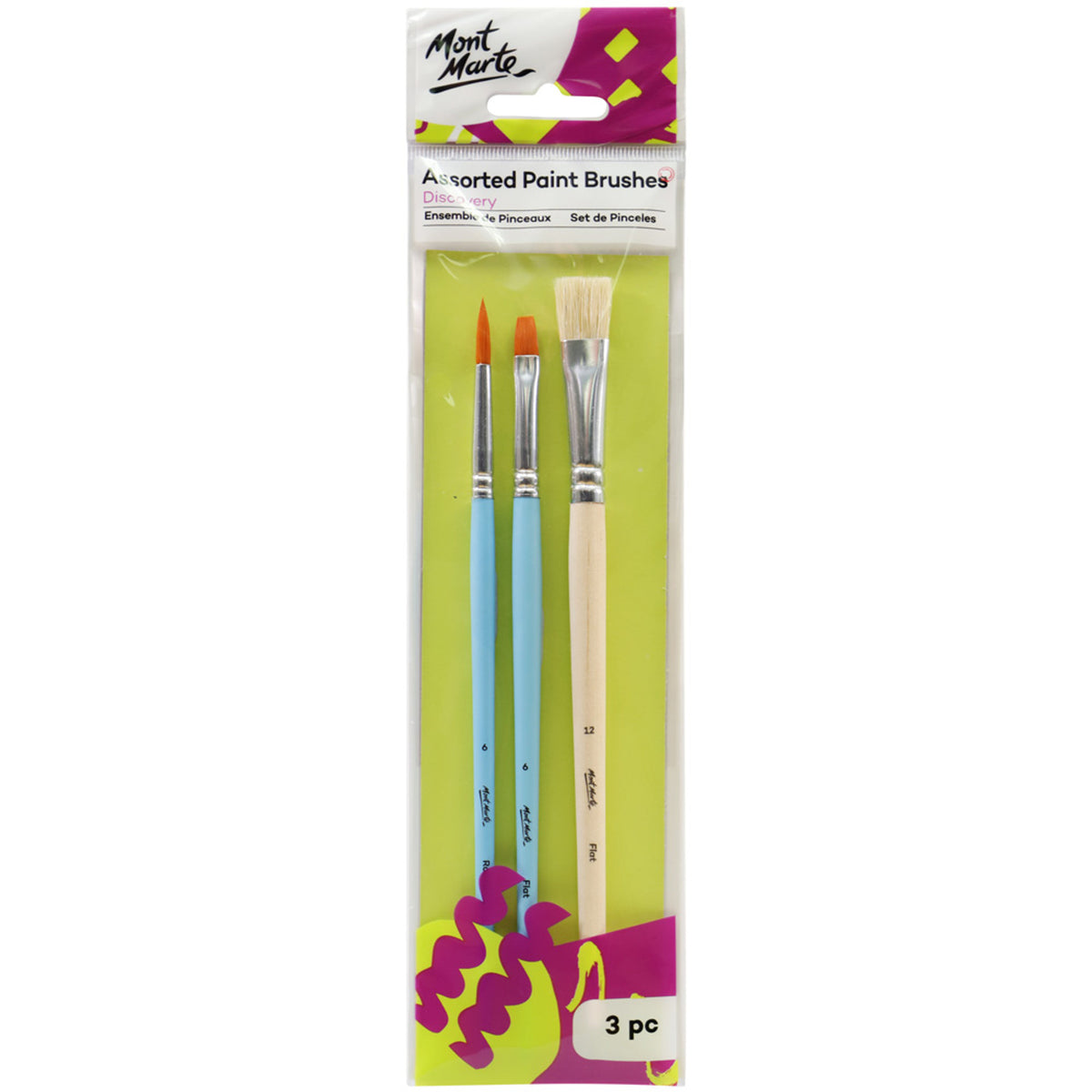 3 Piece Assorted Paint Brush Set - Flat and Round - Mont Marte