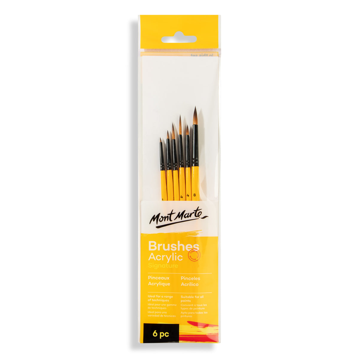 6 Piece Acrylic Brush Set with Wooden Handles - Assorted - Mont Marte