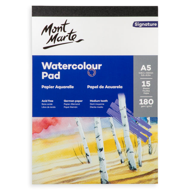 Watercolour Pad Premium German Paper A5 180gsm - 15 Sheets - Mont Marte