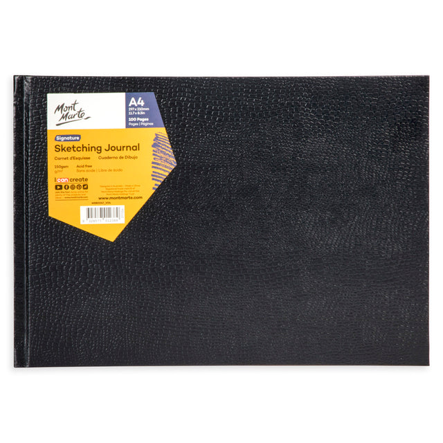 100 Page Sketching Journal Crocodile Finish 150gsm A4 Landscape - Black - Mont Marte
