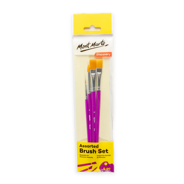 4 Piece Assorted Paint Brush Set - Flat, Angle and Round - Mont Marte