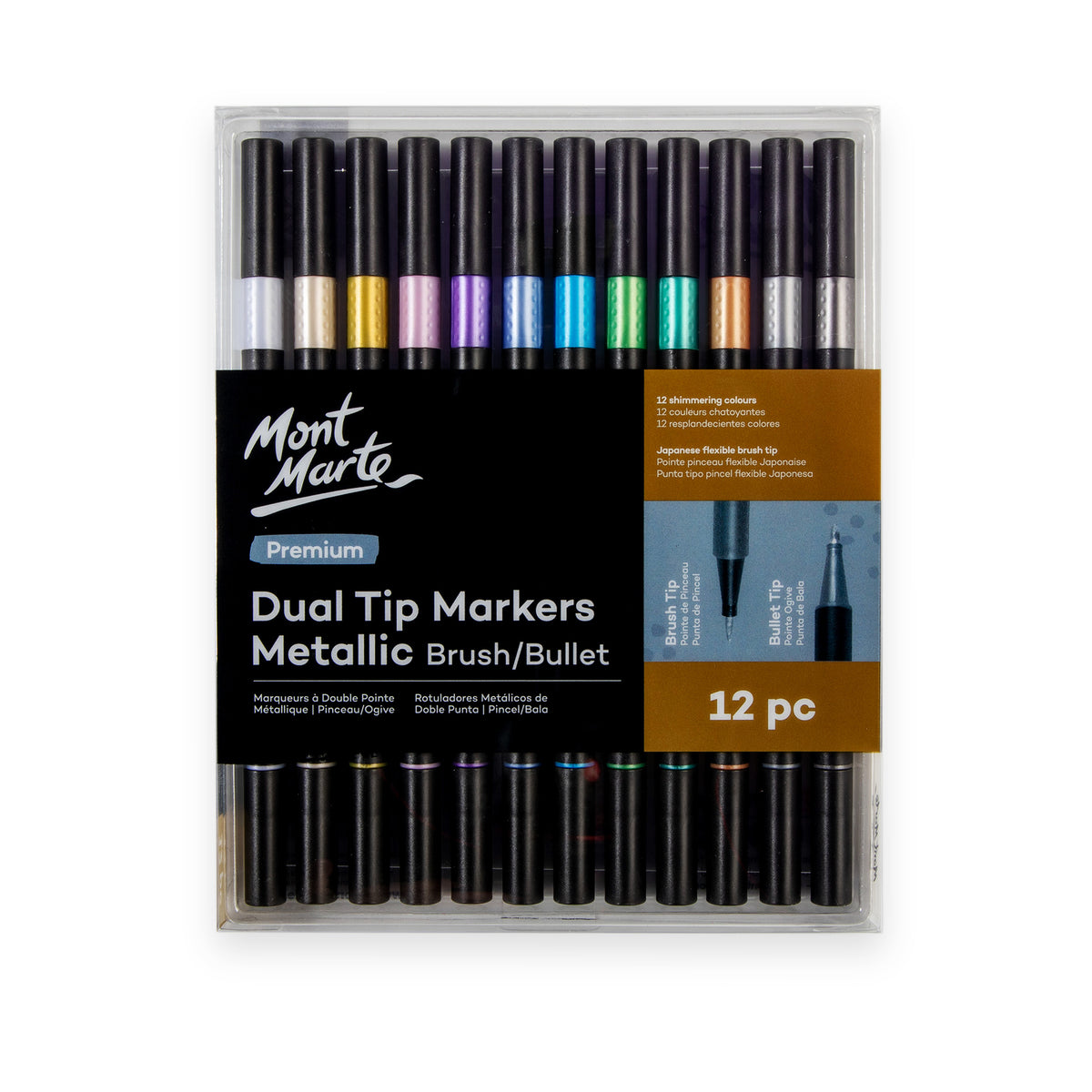 12 Pack Dual Tip Metallic Brush and Bullet Markers - Assorted - Mont Marte