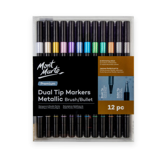 12 Pack Dual Tip Metallic Brush and Bullet Markers - Assorted - Mont Marte