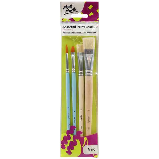 4 Piece Assorted Paint Brush Set - Flat and Round - Mont Marte