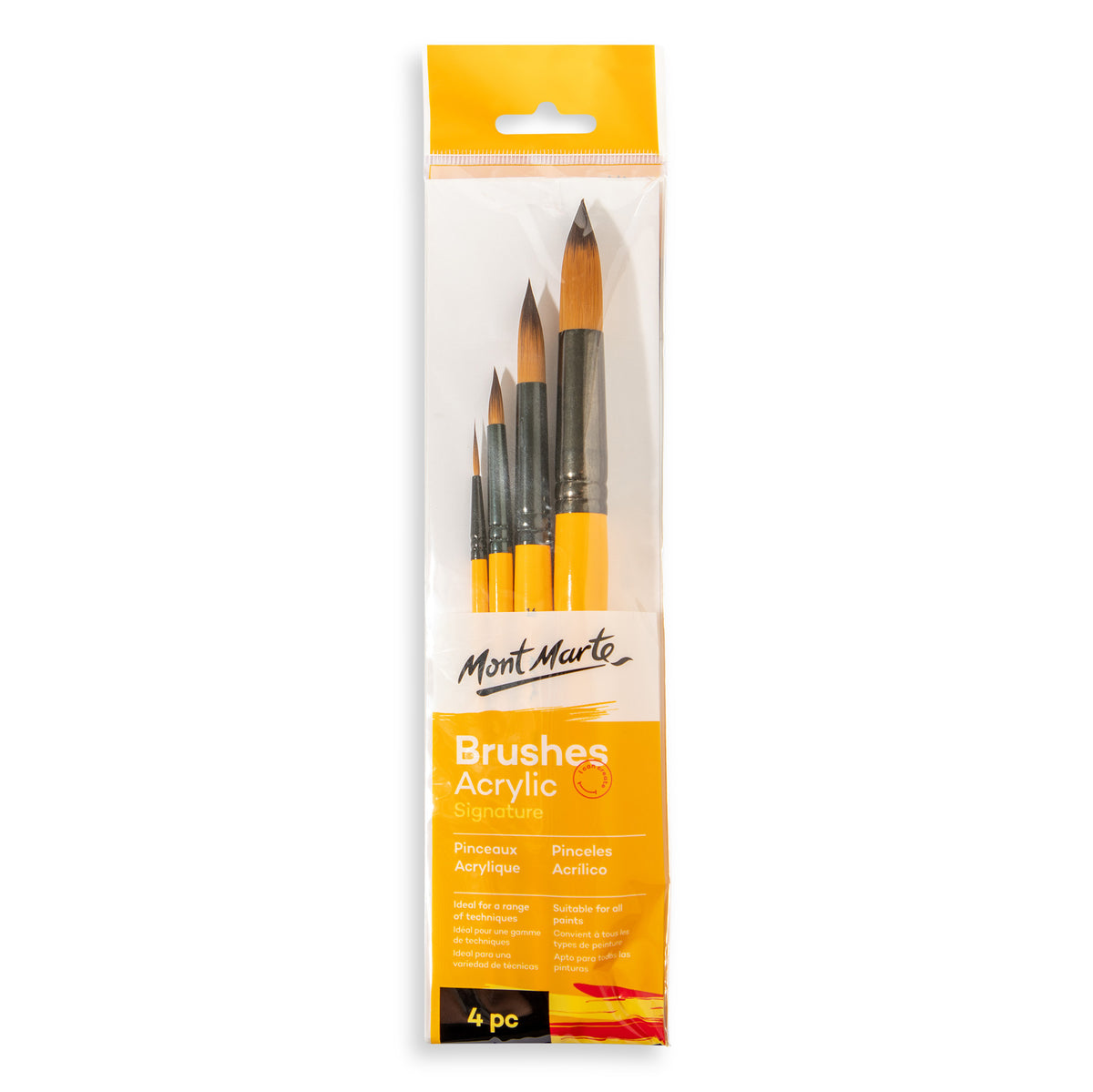 4 Pack Acrylic Paint Brush Set with Wooden Handles - Taklon - Mont Marte