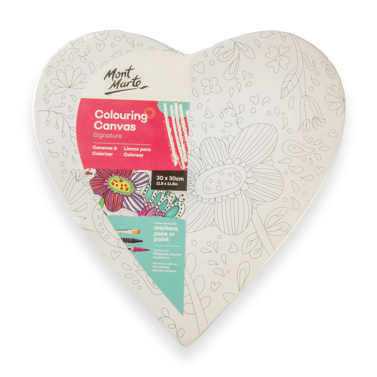 30cm Heart Shaped Colouring Canvas - Floral Design - Mont Marte