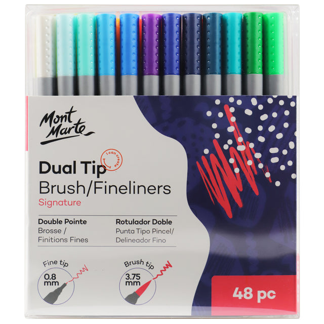 48 Pack Dual Tip Brush and Fineliner Markers - Mont Marte