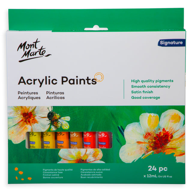 24 Pack Acrylic Paint Set - 12ml Tubes Assorted Colours - Mont Marte
