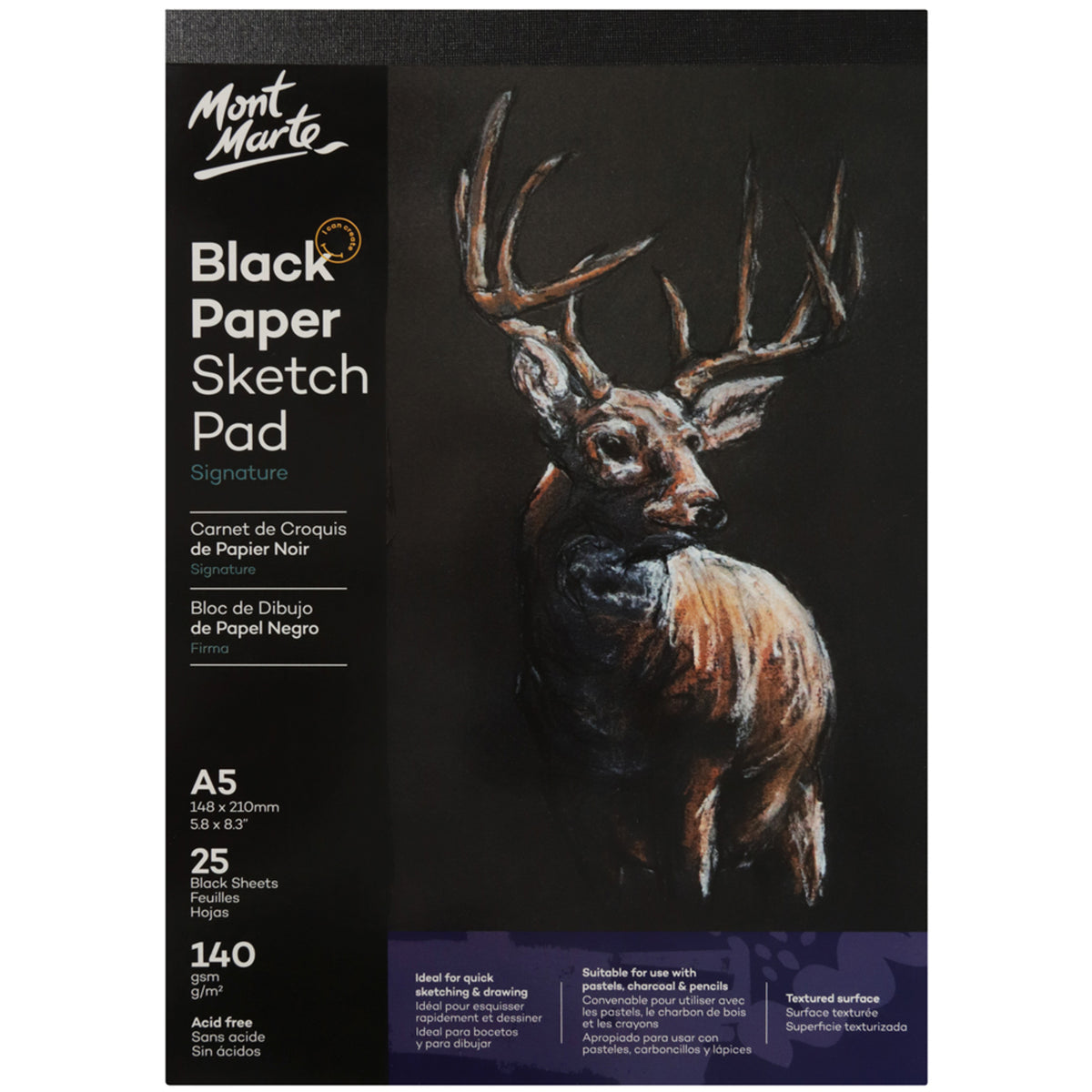 Black Paper Sketch Pad 140gsm A5 25 Sheet - Mont Marte