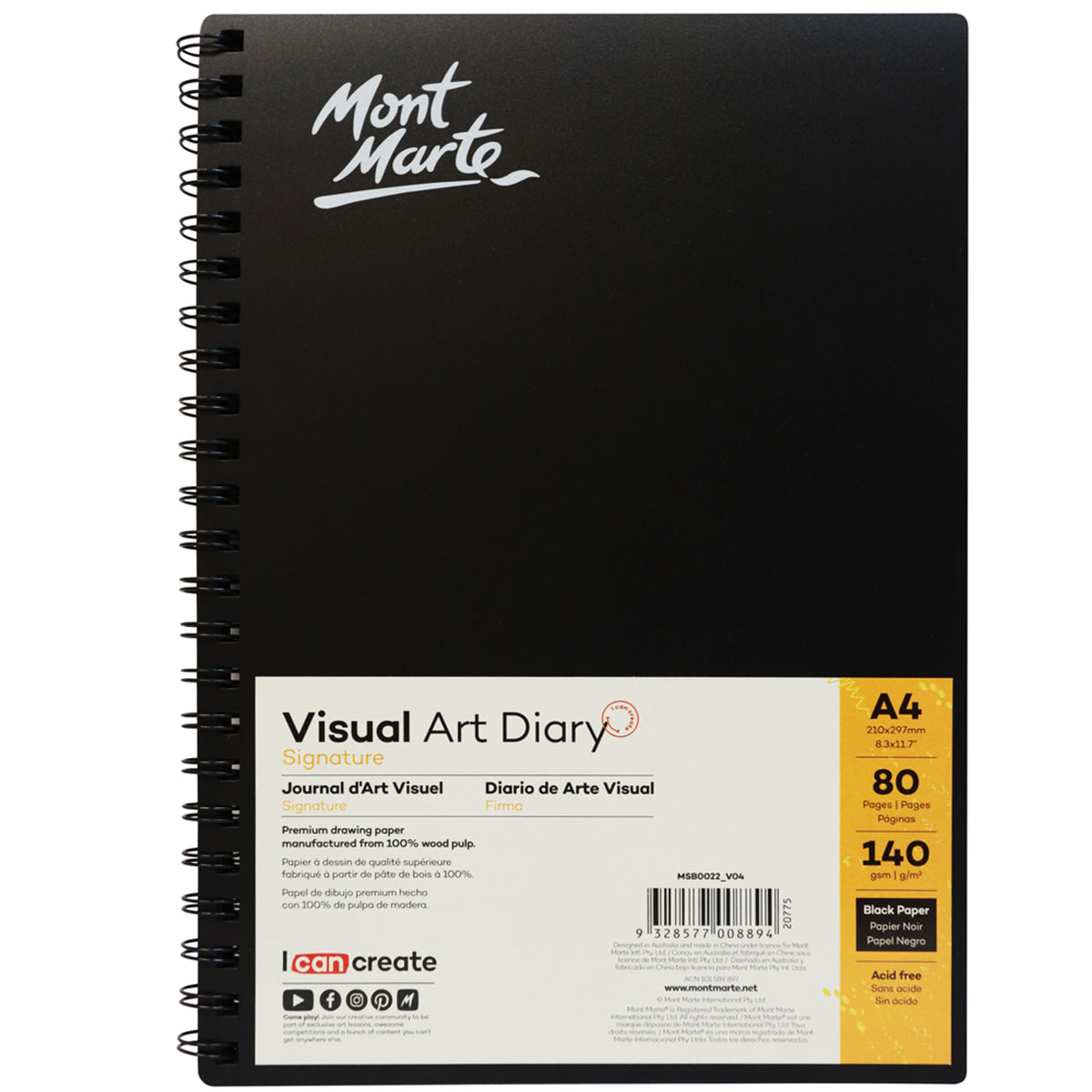 80 Page Visual Art Diary Black 140gsm - A4 - Mont Marte
