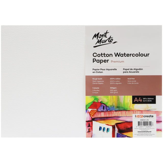 5 Sheet Cotton Watercolour Paper 300gsm A4 - Cold Pressed - Mont Marte