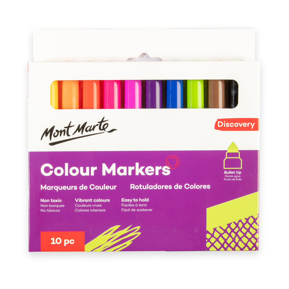 10 Pack Colour Markers with Tapered Bullet Tip - Assorted - Mont Marte
